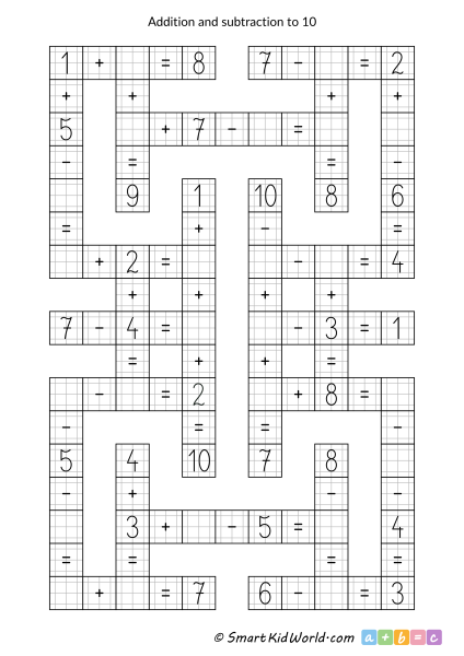 Math crossword for for kids - addition and subtraction to 10, printable worksheets