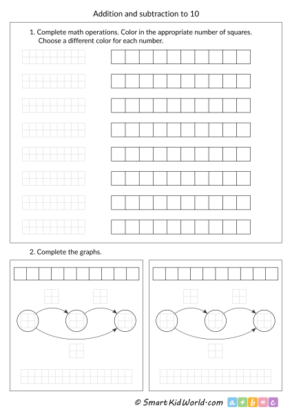 Maths worksheets for kids - addition and subtraction to 10, printable worksheets