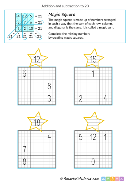 Math magic square for kids - addition and subtraction to 20, printable worksheets