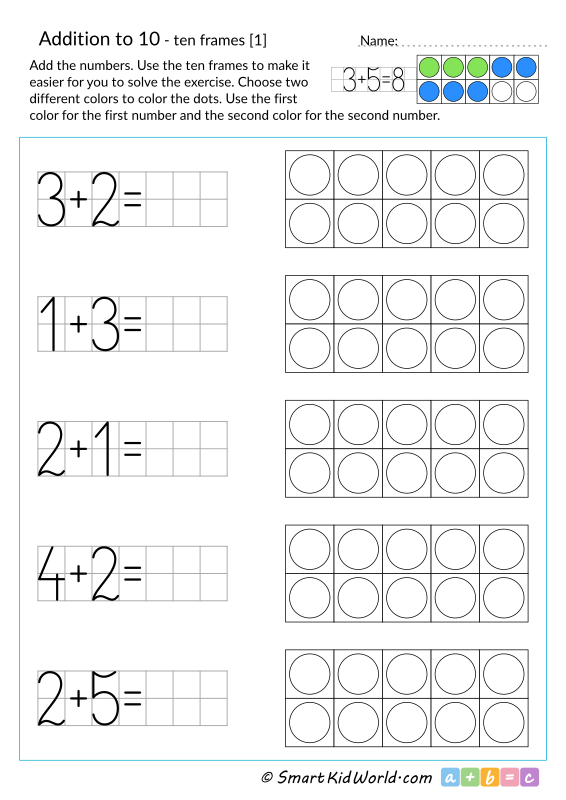 Addition to 10 with 10 frames, maths for kids, printable ten frame addition worksheets for kids