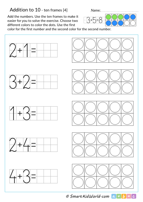 Addition to 10 with 10 frames, maths for kids, printable ten frame addition worksheets for kids
