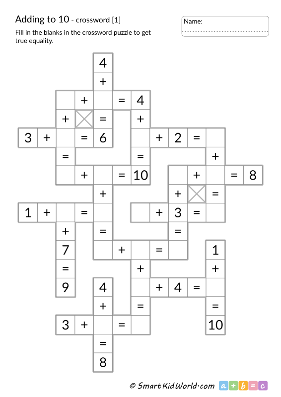 Math crossword for kids - addition to 10, printable worksheets for kids