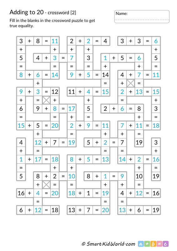 Math crossword for kids with answers - addition to 20, printable worksheets for kids