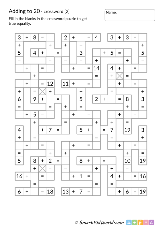 Math crossword for kids - addition to 20, printable worksheets for kids