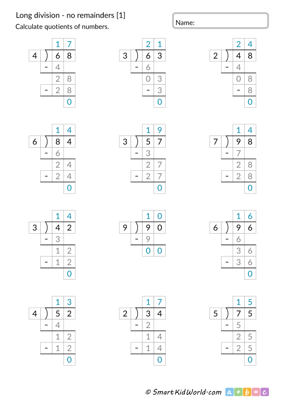 Long division with no remainders and answers [1], 2-digit by 1-digit, in auxiliary fields, printable worksheets for kids