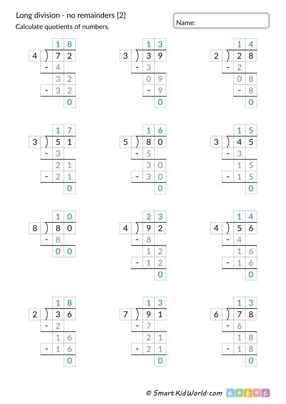 Long division with no remainders and answers [2], 2-digit by 1-digit, in auxiliary fields, printable worksheets for kids