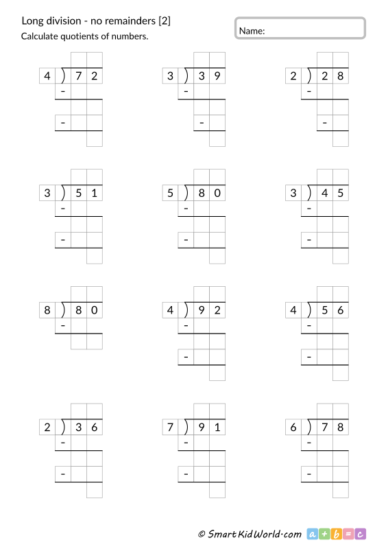 Long division with no remainders [2], 2-digit by 1-digit, in auxiliary fields, printable worksheets for kids