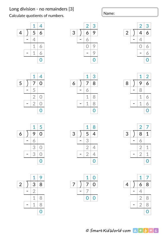 Long division with no remainders and answers [3], 2-digit by 1-digit, in auxiliary fields, printable worksheets for kids