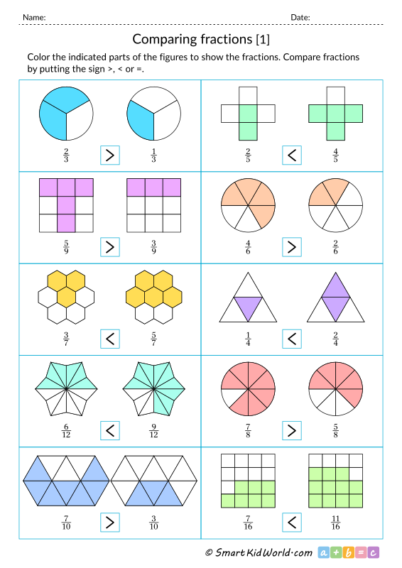 Comparing fractions on graphic diagrams, printable worksheets for kids