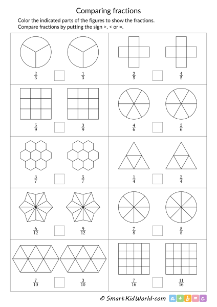 Comparing fractions on graphic diagrams, printable worksheets for kids