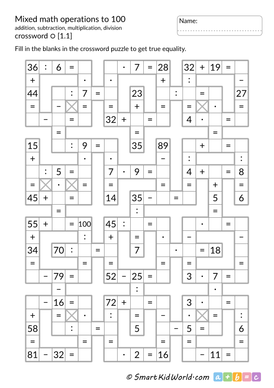 Mixed math operations to 100, addition, subtraction, multiplication, division - mixed math crossword puzzles - printable worksheet for kids