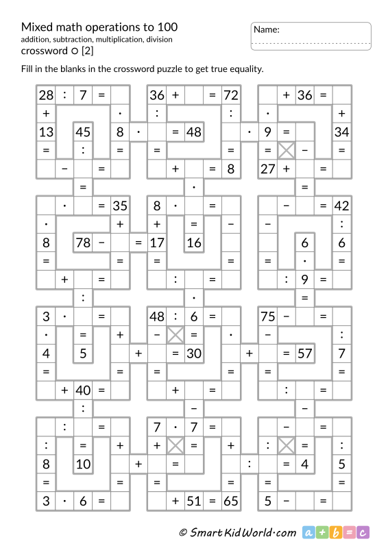 Mixed math operations to 100, addition, subtraction, multiplication, division - mixed math crossword puzzles - printable worksheet for kids