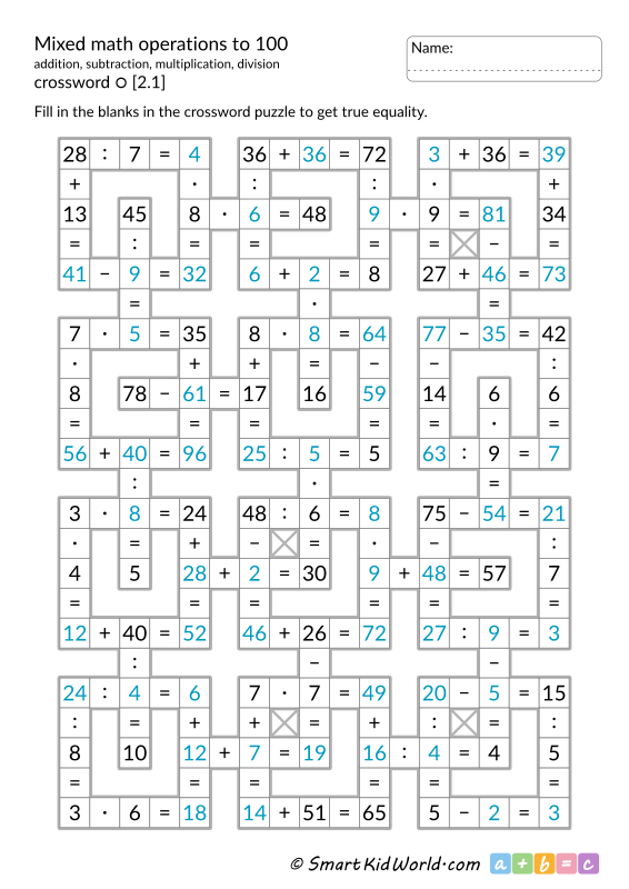 Mixed math operations to 100, addition, subtraction, multiplication, division - mixed math crossword puzzles with answers - printable worksheet for kids