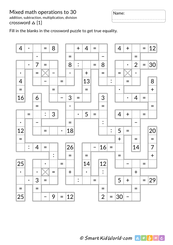 Mixed math operations to 30, addition, subtraction, multiplication, division - math crossword puzzle - printable worksheet for kids