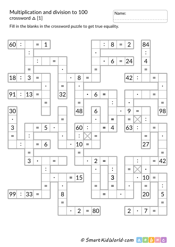 Multiplication and Division Facts to 100 - math crossword for kids, printable worksheets for kids