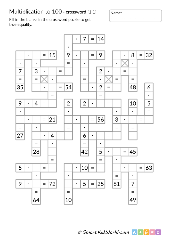 Multiplication Facts to 100 - math crossword for kids, printable worksheets for kids