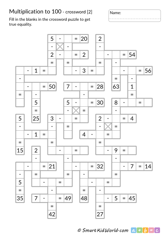 Multiplication Facts to 100 - math crossword for kids, printable worksheets for kids