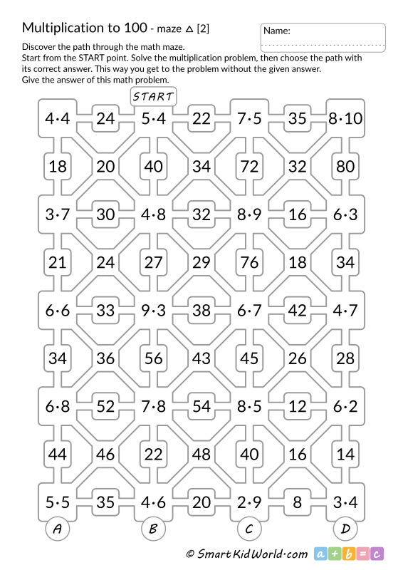 Multiplication Facts to 100 - math maze for kids, printable worksheets for kids