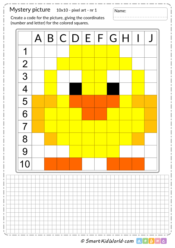 Mystery picture with chick for Easter, pixel art, learning coding and programming for kids - printable worksheets