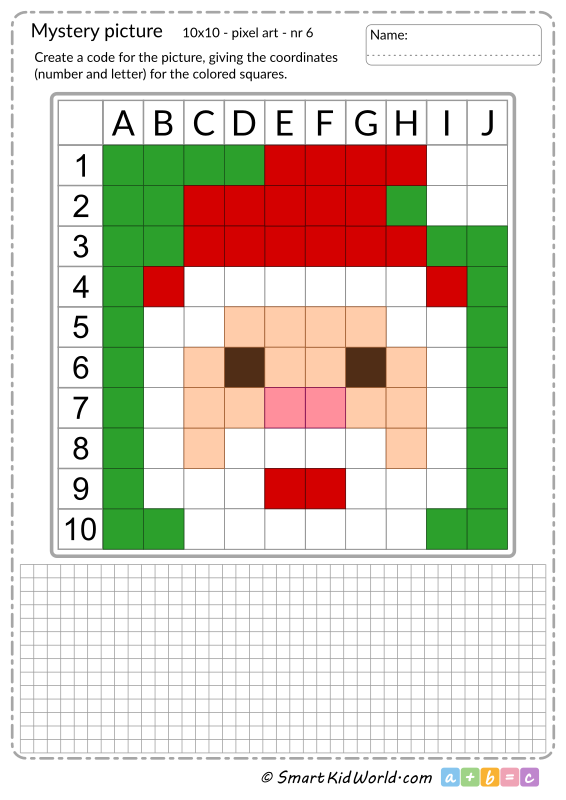 Santa Claus as a mystery picture, pixel art for Christmas, learning coding and programming for kids - printable worksheets