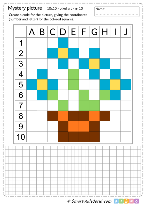 Mystery picture with flowers, forget-me-nots, pixel art, learning coding and programming for kids - printable worksheets