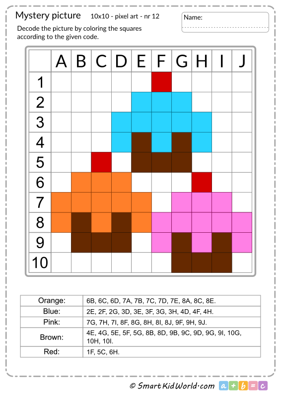 Mystery picture with sweets, chocolate cupcakes with cream, pixel art, learning coding and programming for kids - printable worksheets