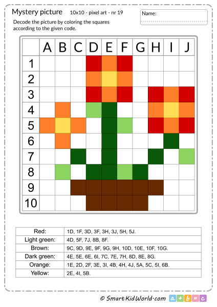Mystery picture with flowers, pixel art, learning coding and programming for kids - printable worksheets