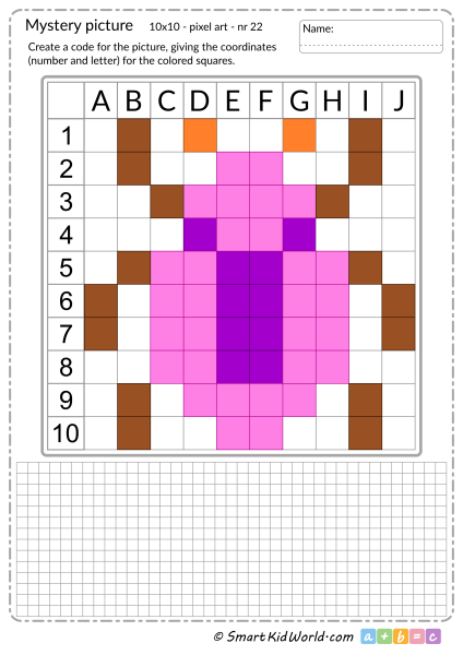 Mystery picture with insects, beetle, pixel art, learning coding and programming for kids - printable worksheets