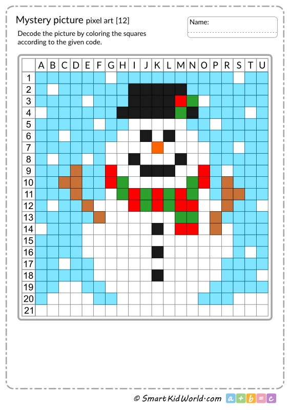 Winter mystery picture, colorful winter snowman with scarf, pixel art, learning coding and programming for kids - printable worksheets