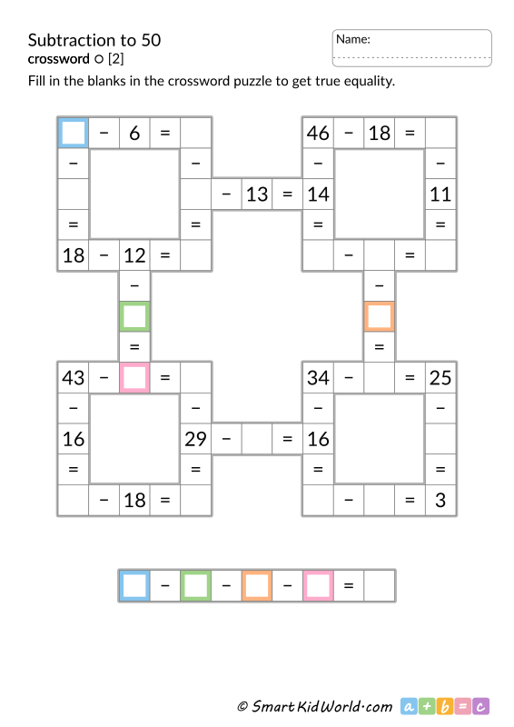 Subtraction to 50 math crossword puzzles with answers - printable worksheet for kids