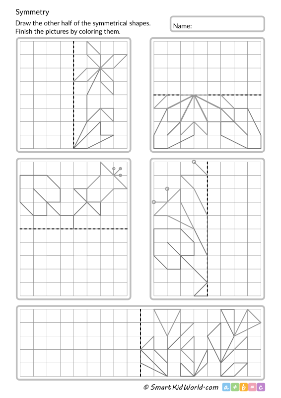 Flowers made of symmetrical shapes with one line of symmetry, easy symmetrical drawing, printable worksheets for kids