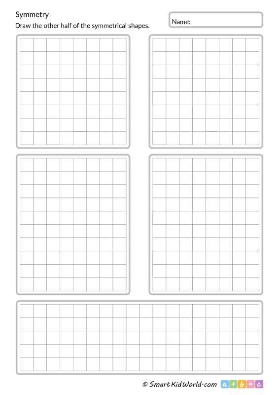 Symmetrical shapes, design your own easy symmetrical drawing on empty printable worksheets for kids