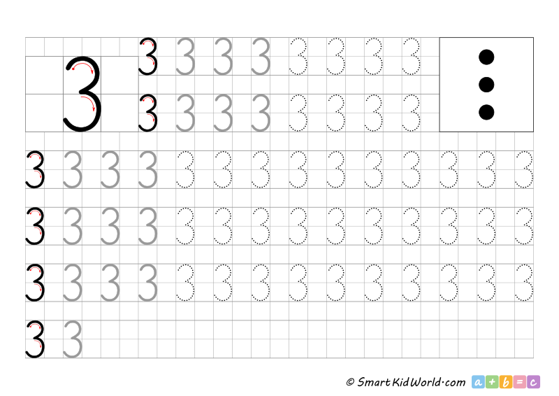 Free number 3 to print, number tracing and writing, math worksheets for kids