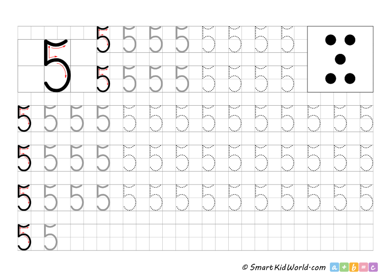 Learning to write number 5 printable, number tracing and writing, handwriting practice for kids