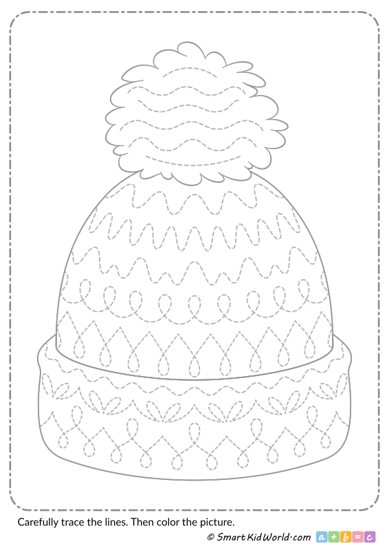 Warm winter hat as a graphomotor exercise, winter hat picture with tracing lines for kids