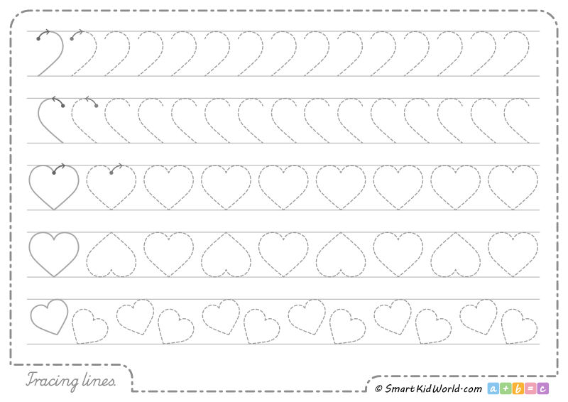 Valentine hearts - large tracing lines worksheets for preschoolers to print as an introduction to learning to write, handwriting practice for kids