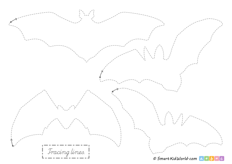 Halloween bats as preschool tracing worksheets for practicing motor skills, printable worksheets for kids