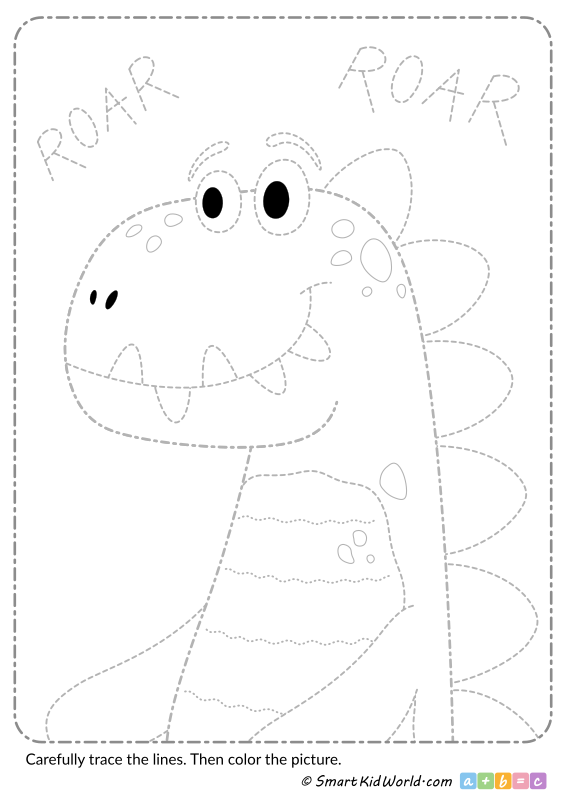 Cute dinosaur tracing lines and coloring - Printable preschool tracing worksheets for practicing motor skills