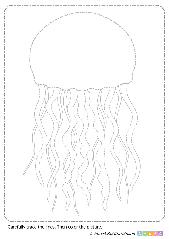 Printable sea and ocean animals, jellyfish tracing lines and coloring - Printable preschool tracing worksheets for practicing motor skills