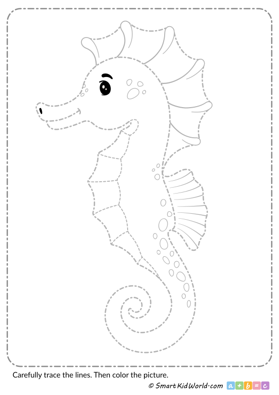 Seahorse tracing lines and coloring - Printable preschool tracing worksheets for practicing motor skills, sea animals