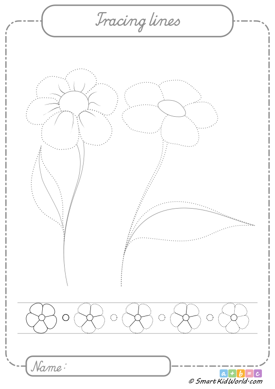 Flowers as a picture tracing worksheet for practicing motor skills, printable worksheets for preschoolers, PDF file
