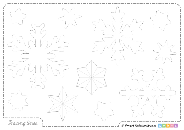 Snowflakes and stars picture - Preschool tracing worksheets for practicing motor skills, printable worksheets for kids