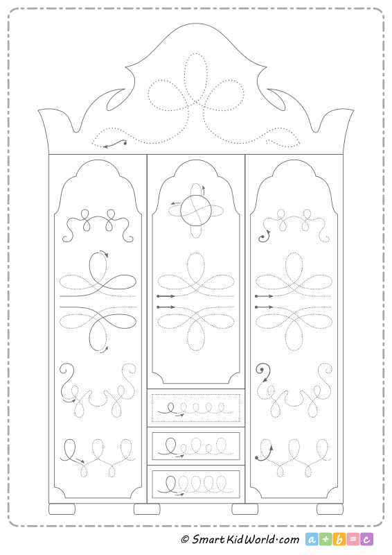 Enchanted wardrobe picture as a preschool tracing worksheet for practicing motor skills, printable worksheets for kids, PDF file