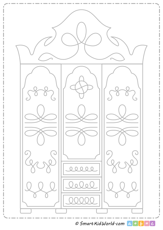Enchanted wardrobe picture as a preschool tracing worksheet for practicing motor skills, printable worksheets for kids, PDF file